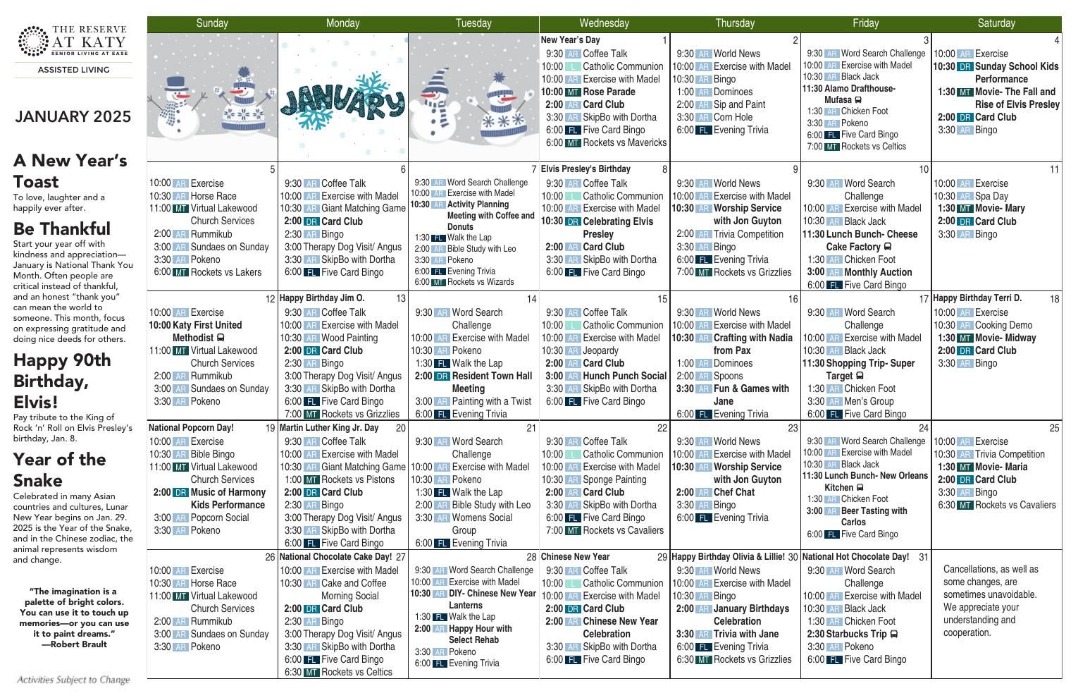 Assisted Living Event Calendar